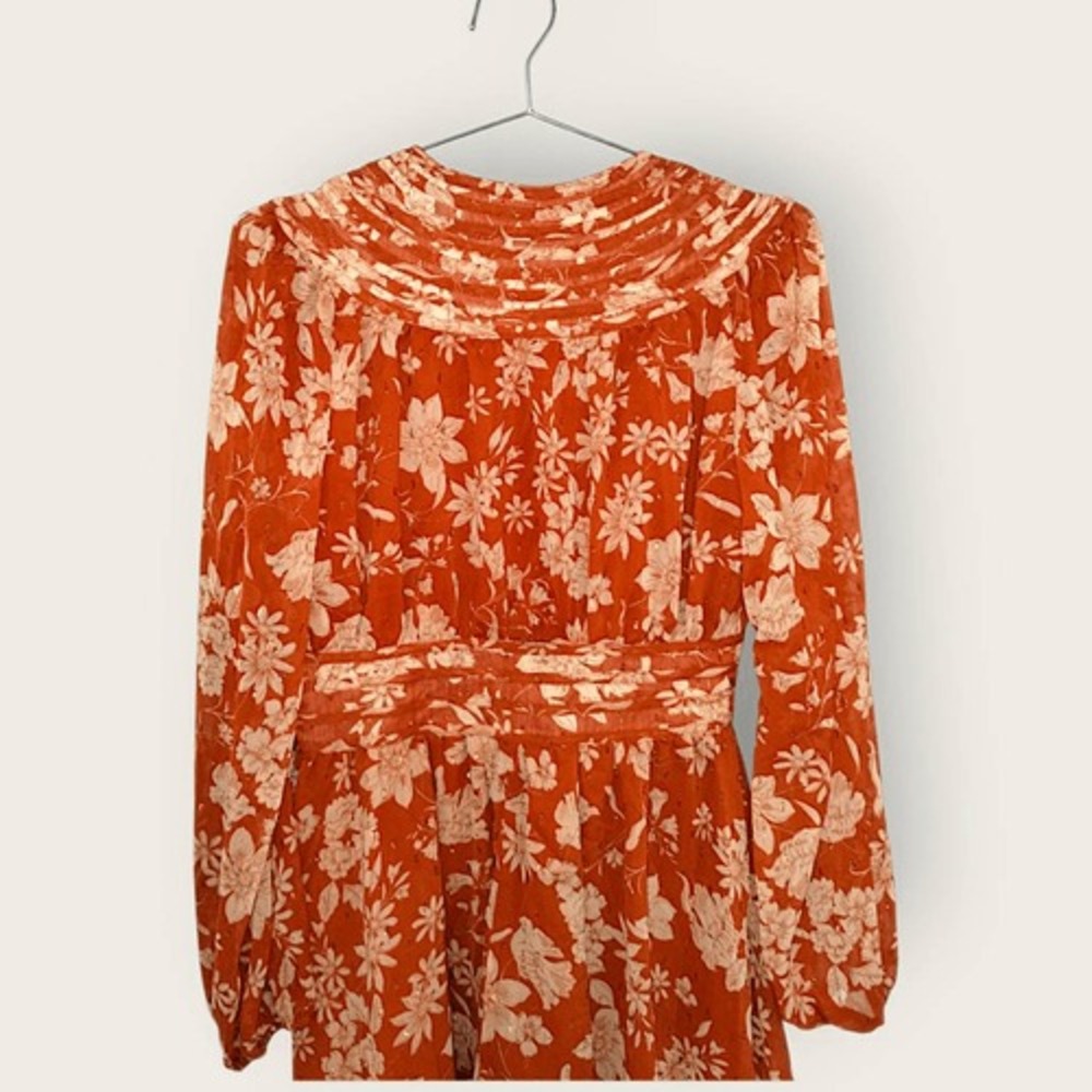 Lulus Small Burnt Orange Floral Mini Dress Long Sleeve Deep V Boho Flowery Beads - Picture 5 of 16